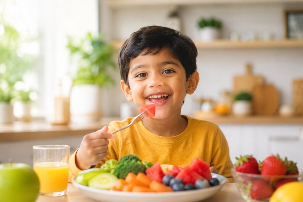 Happy healthy South Asian child smiling, eating fruits and vegetables, bright cheerful kitchen background, soft natural light,