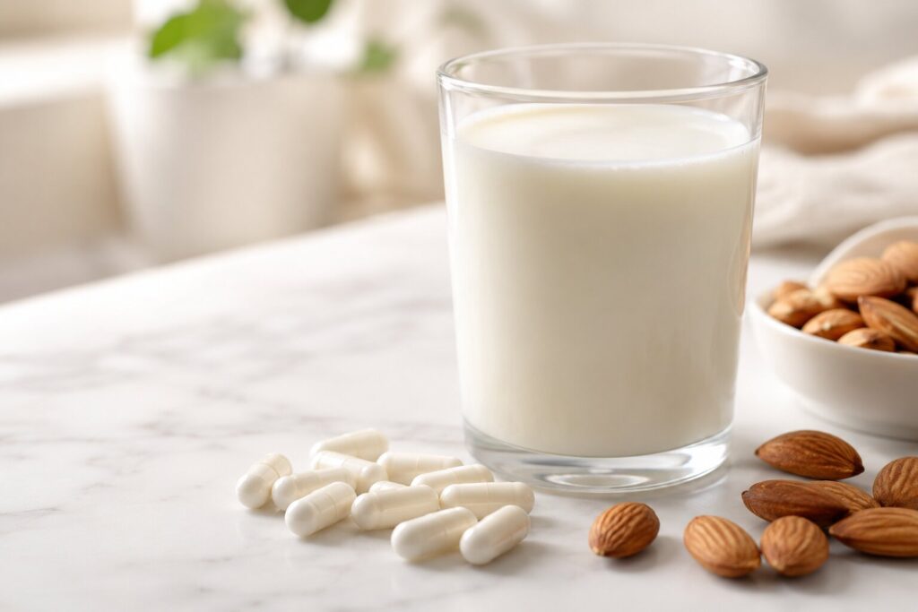 Close-up of a glass of milk, calcium supplement capsules, and almonds arranged on a white marble surface, soft morning light, clean minimal composition,
